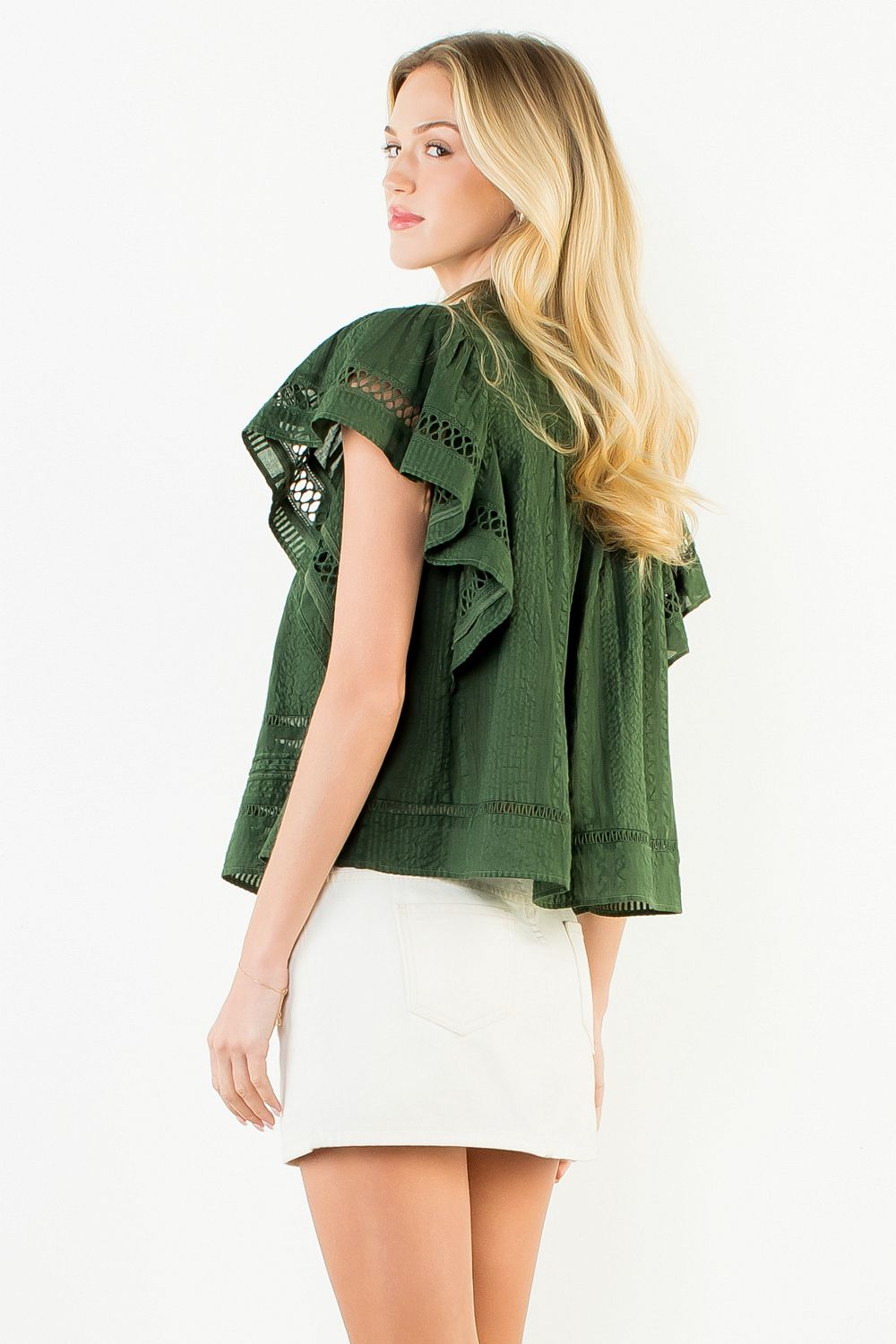 Olive green V-neck top with fluttered cut-out shoulder detail, additional view