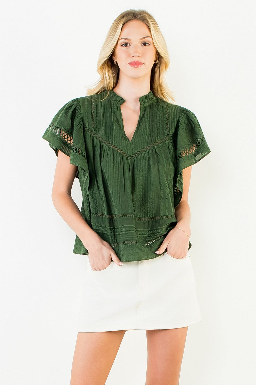 Olive green V-neck top with fluttered cut-out shoulder detail, additional view