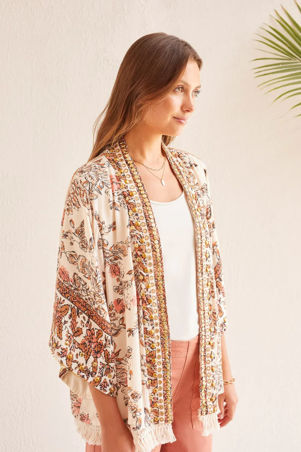 Tribal Embellished Kimono Sleeve Soft Fringed Jacket - L/XL