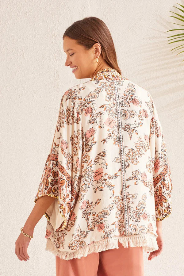 Tribal Embellished Kimono Sleeve Soft Fringed Jacket - S/M