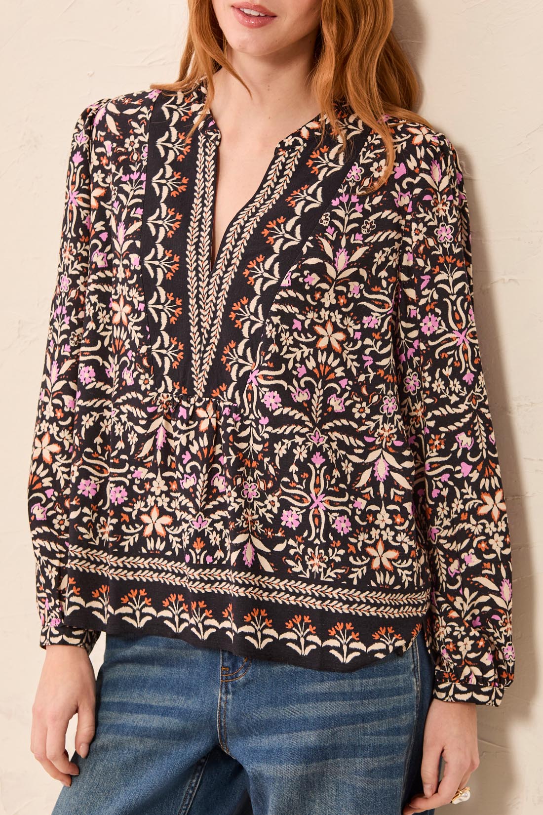 Tribal Black Floral Long Sleeve Blouse with Front Placket Detail