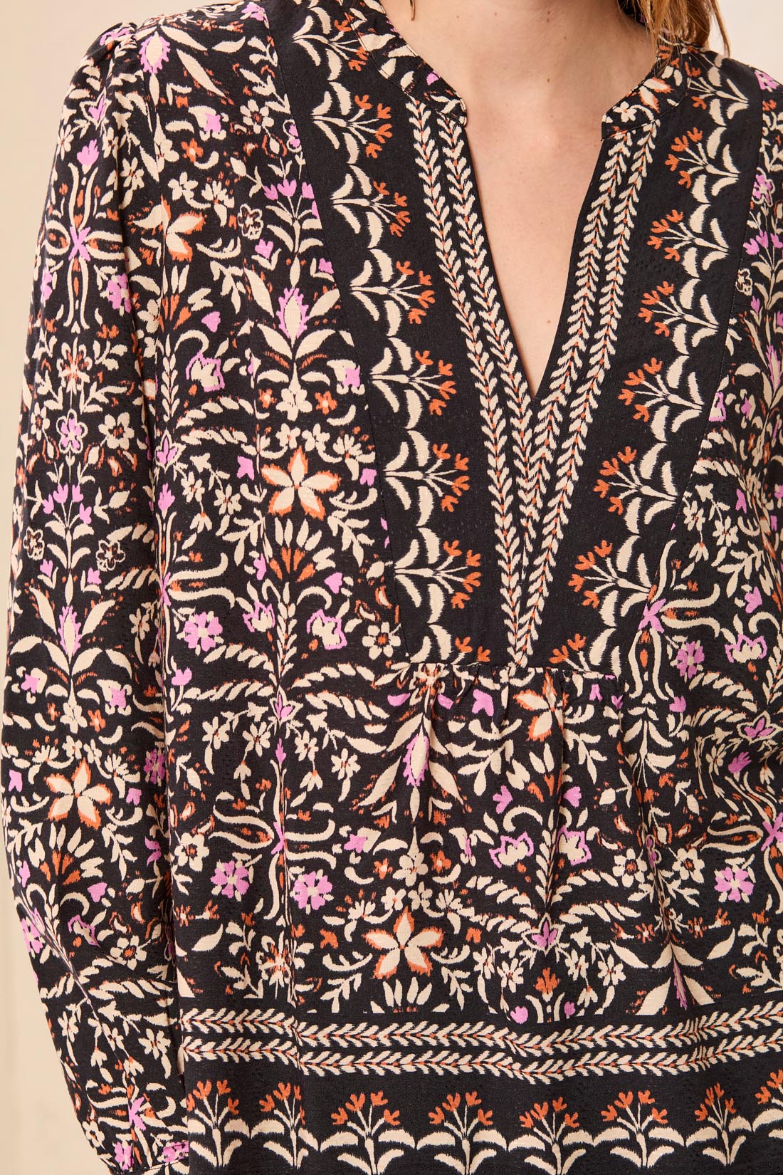 Tribal Black Floral Long Sleeve Blouse with Front Placket Detail