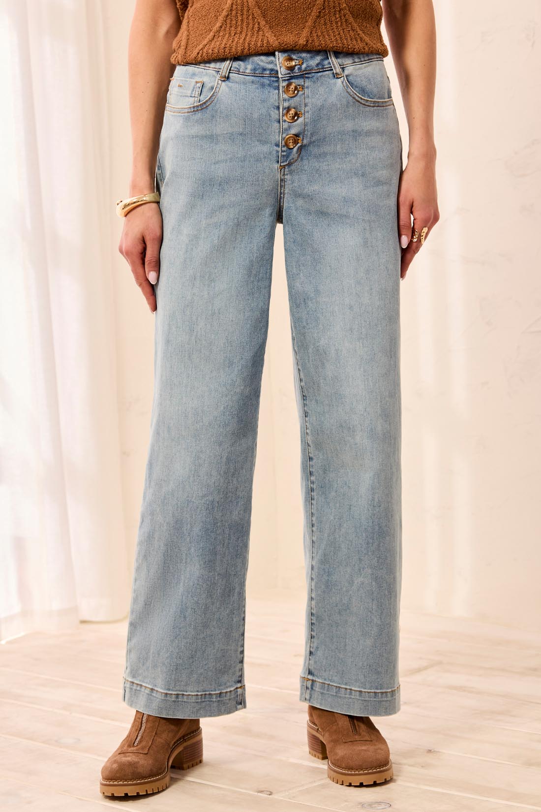 Tribal Audrey Button Fly Wide Crop Denim Pants - Skylight