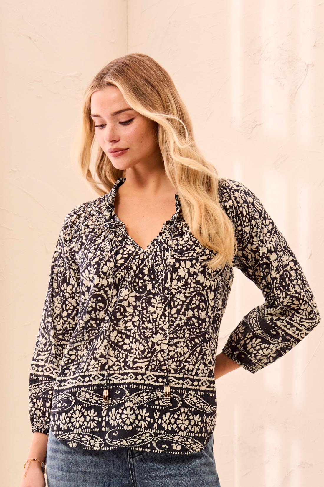 Tribal Black Floral Embroidered Tassel Top