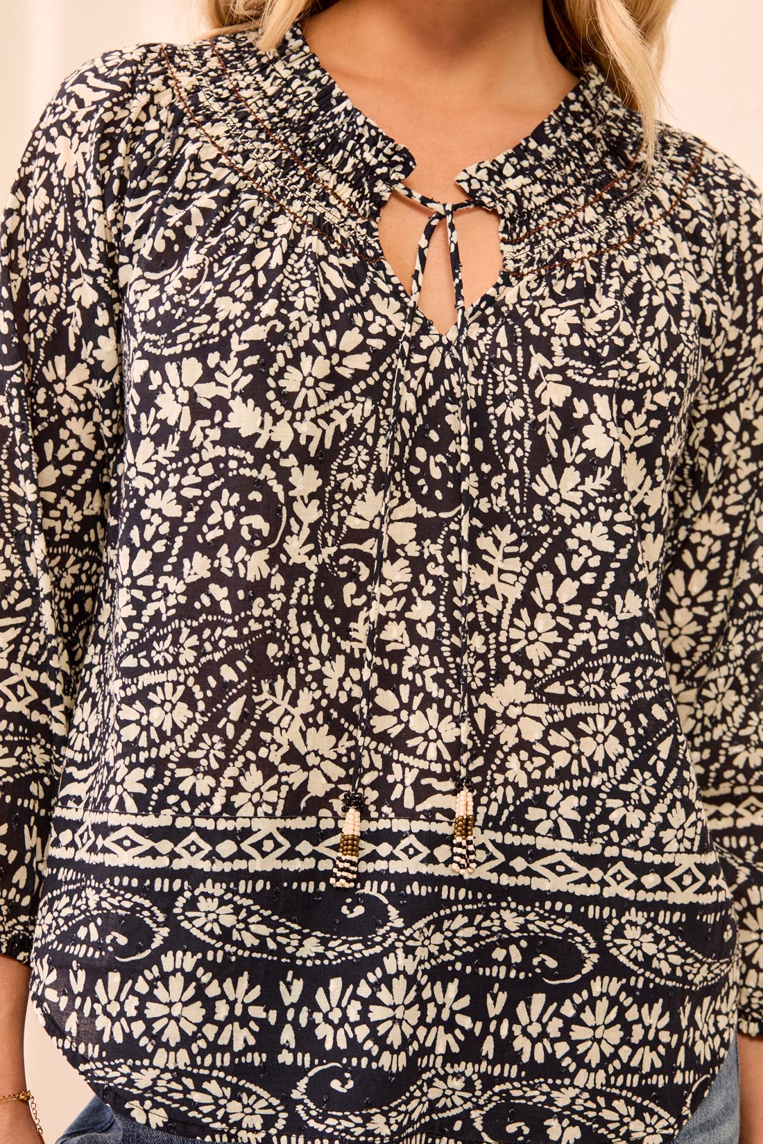 Tribal Black Floral Embroidered Tassel Top