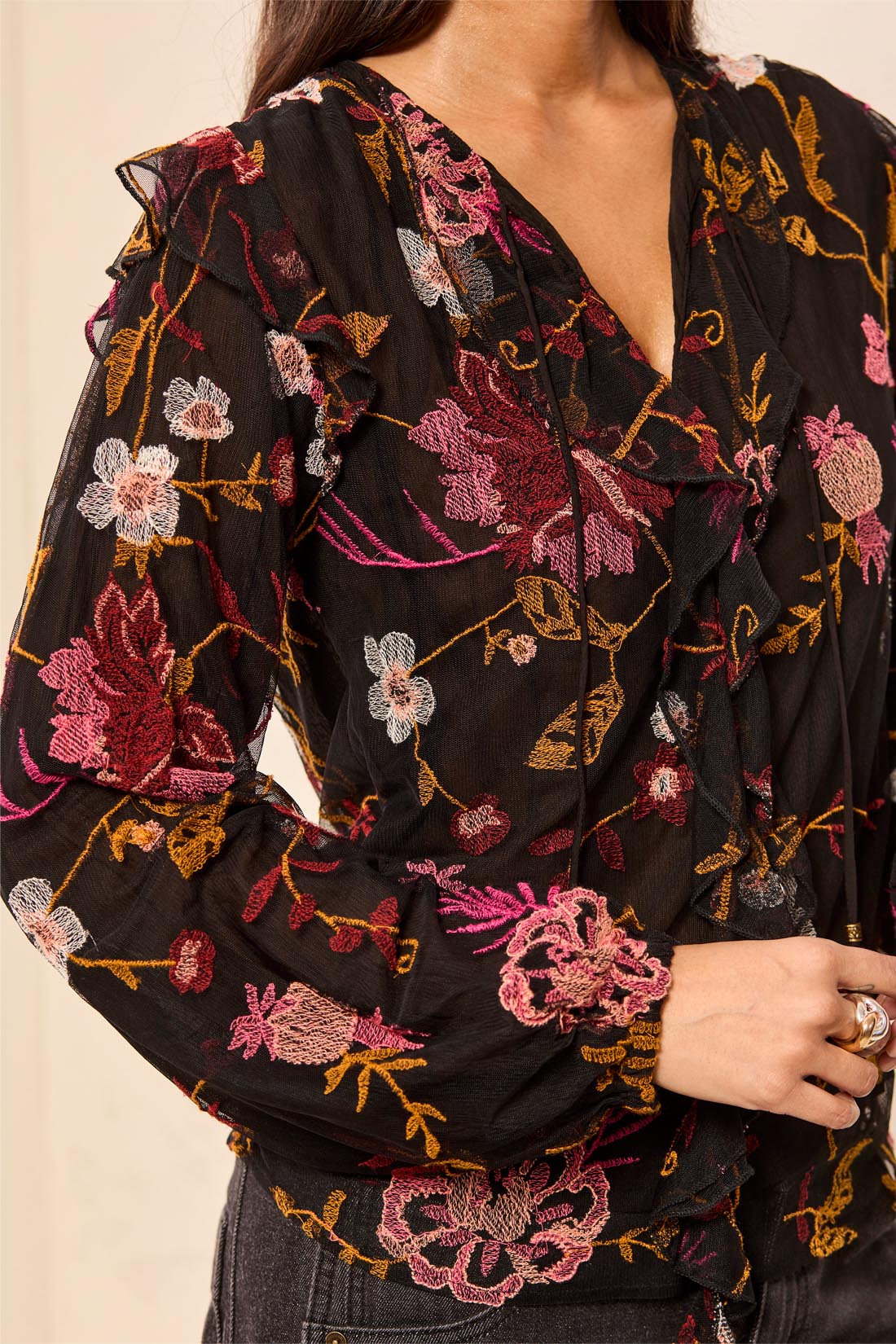 Tribal Black Floral Lined Frill Blouse