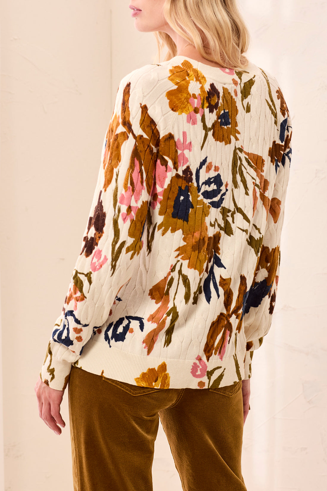Tribal Stellar printed cable cotton crew neck sweater in ivory floral — view 2