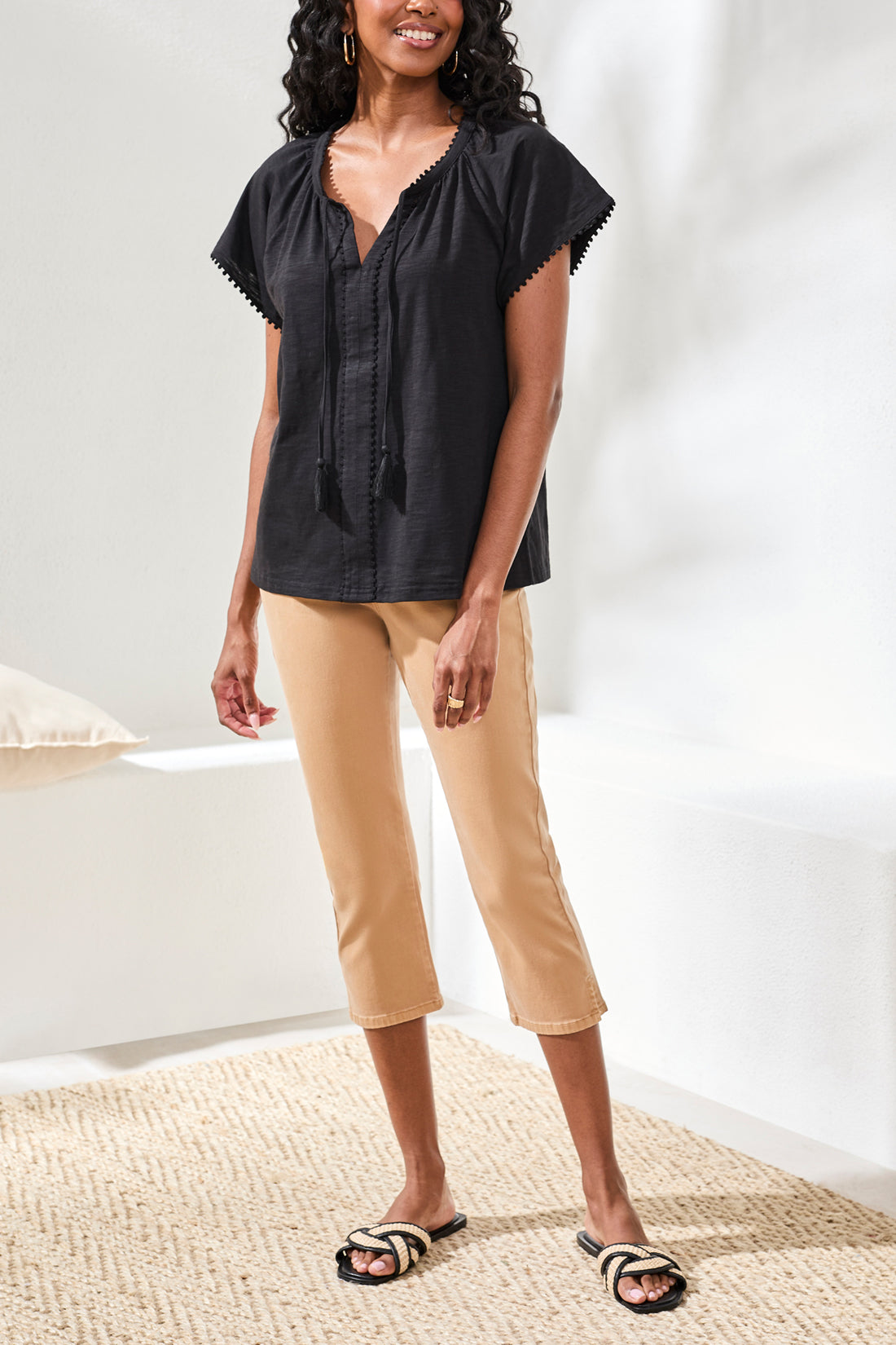 Tribal Black SS Split Neck Tassel Top
